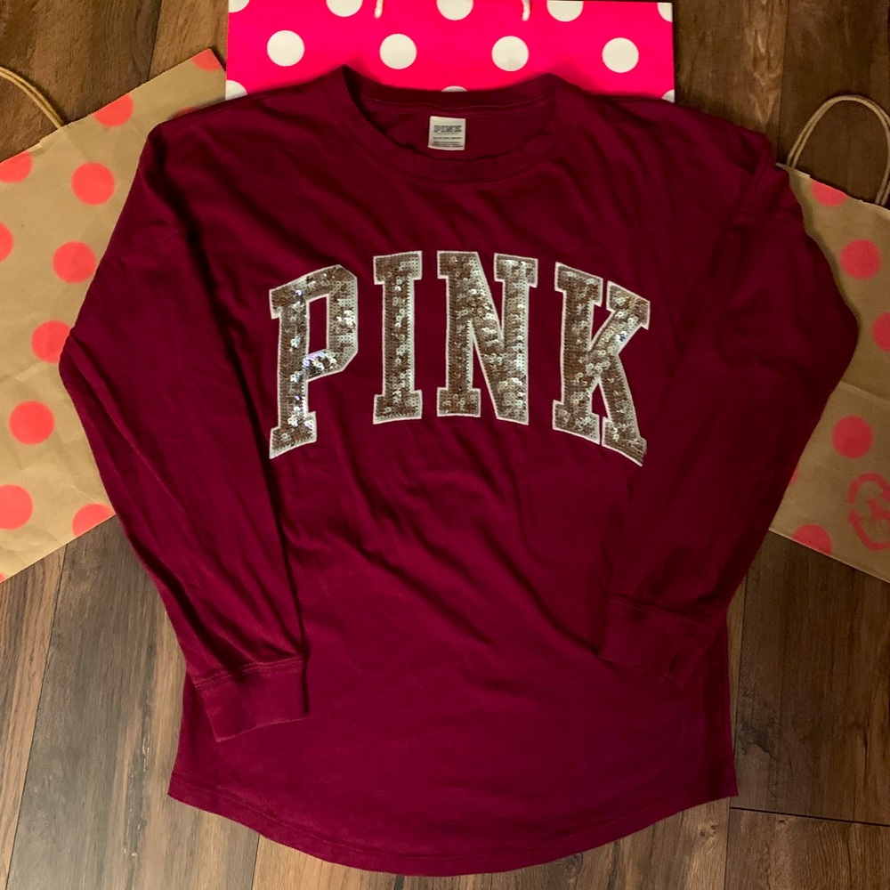 VS PINK size XS Maroon with Silver Bling Logo Varsity Crew Long Sleeve